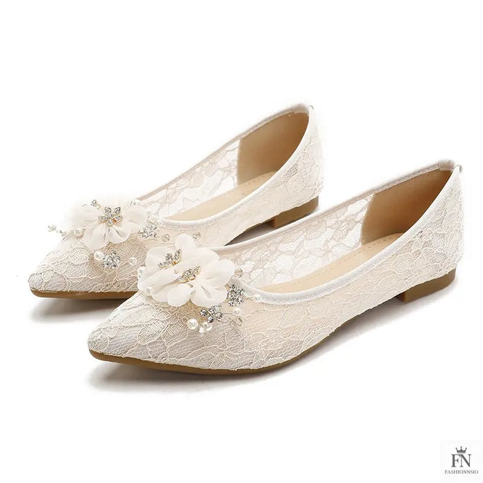 Flower Embellish Lace Belle Flats - Fashionnsio