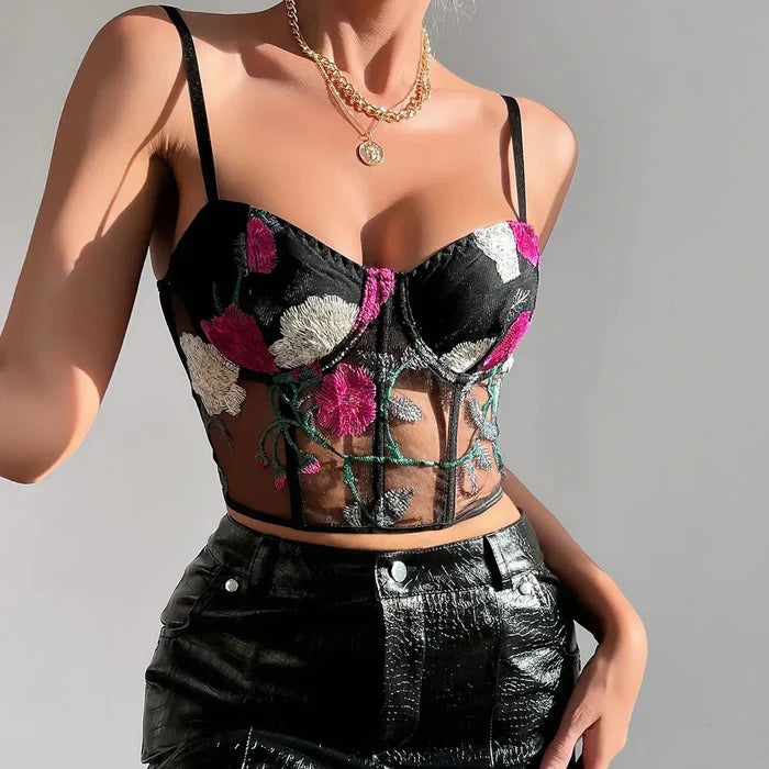 Flower Embroidered Mesh Crop Corset Top fashionnsio