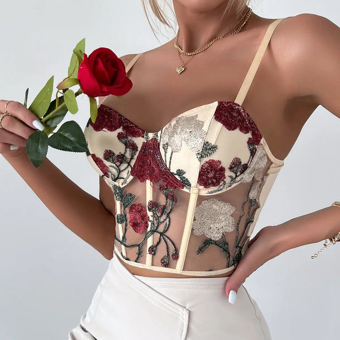 Flower Embroidered Mesh Crop Corset Top fashionnsio