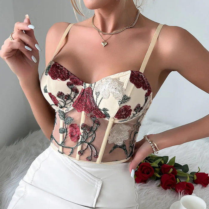 Flower Embroidered Mesh Crop Corset Top fashionnsio