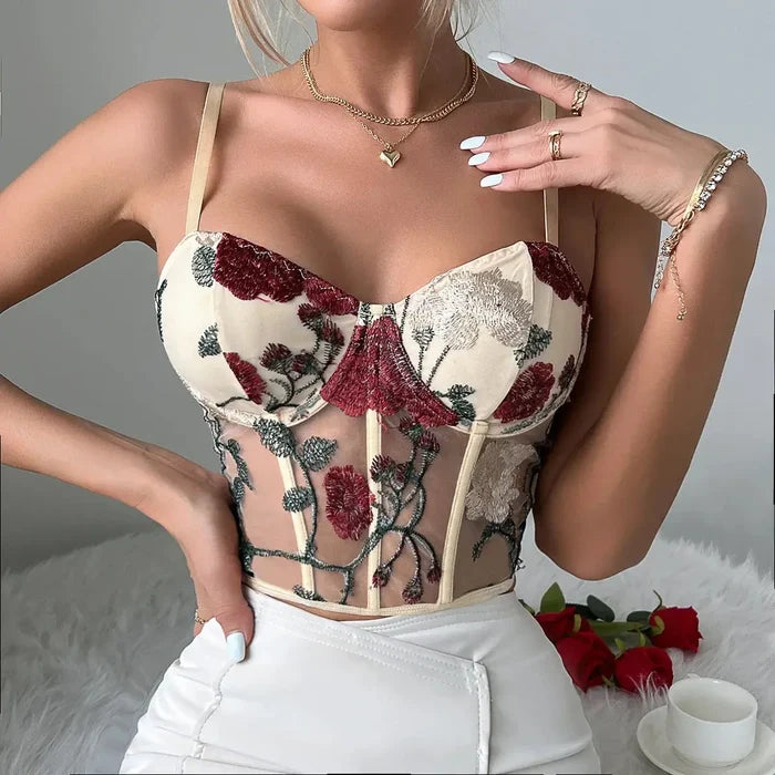 Flower Embroidered Mesh Crop Corset Top fashionnsio