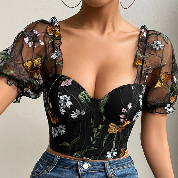 Flowers Embroidered Puff Sleeve Corset Top fashionnsio