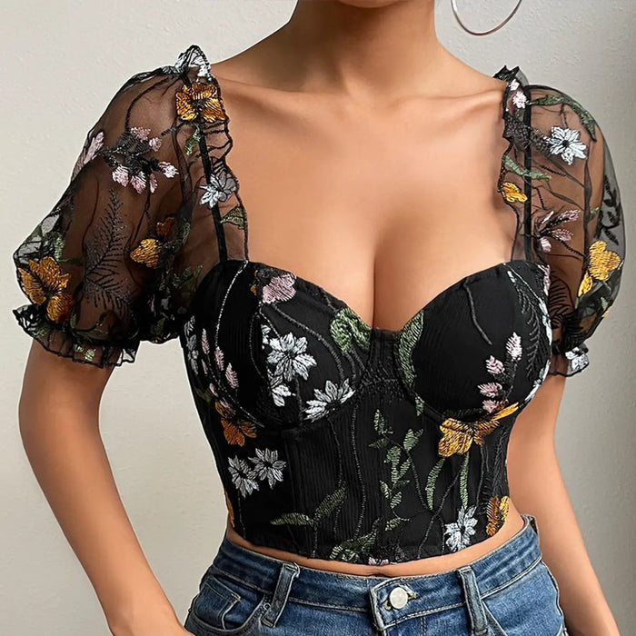 Flowers Embroidered Puff Sleeve Corset Top fashionnsio
