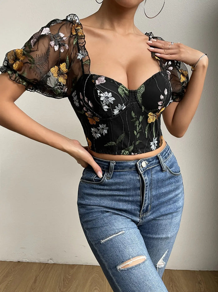 Flowers Embroidered Puff Sleeve Corset Top fashionnsio