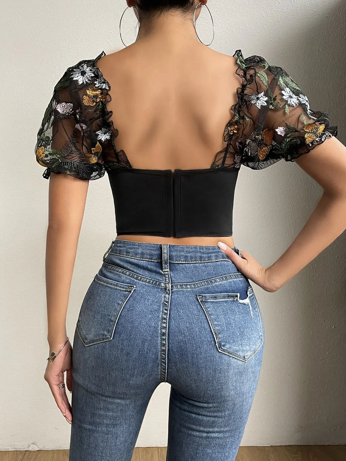 Flowers Embroidered Puff Sleeve Corset Top fashionnsio