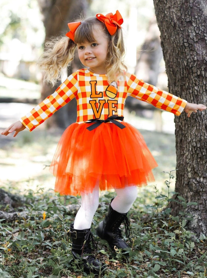 Girls Halloween Dress | Plaid Candy Corn Tutu Dress - Mia Belle Girls