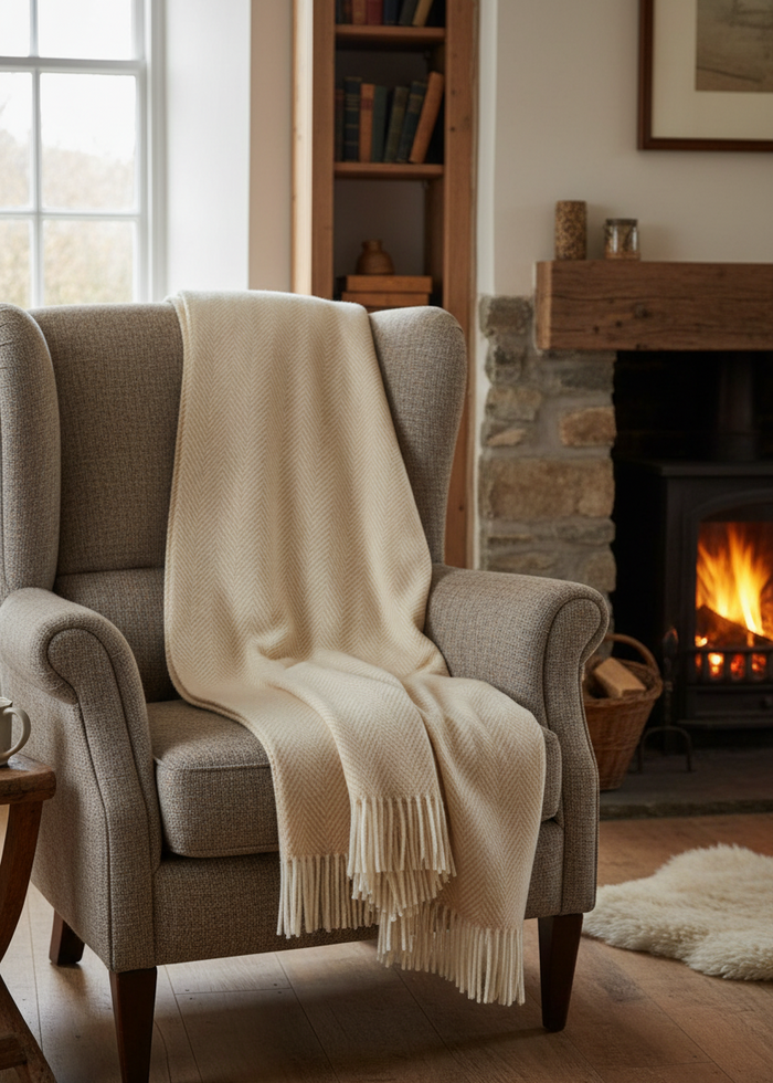 Foxford Herringbone Cashmere Throw | White Bone