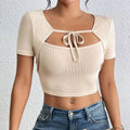 Stripe Rib Lace-up Square Collar Top fashionnsio