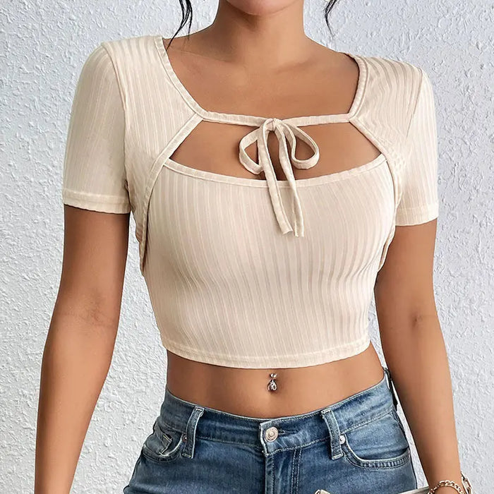 Stripe Rib Lace-up Square Collar Top fashionnsio