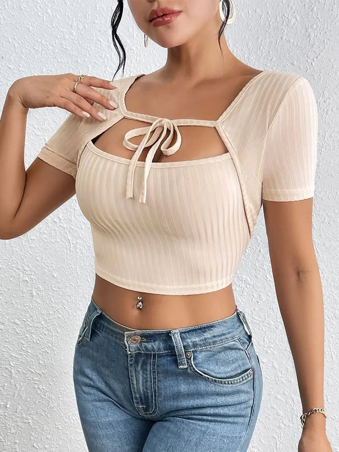 Stripe Rib Lace-up Square Collar Top fashionnsio