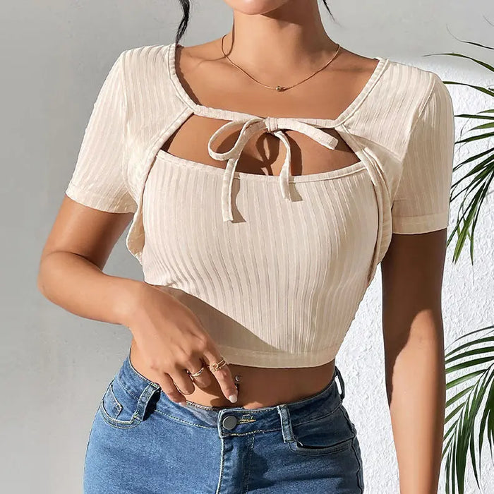 Stripe Rib Lace-up Square Collar Top fashionnsio