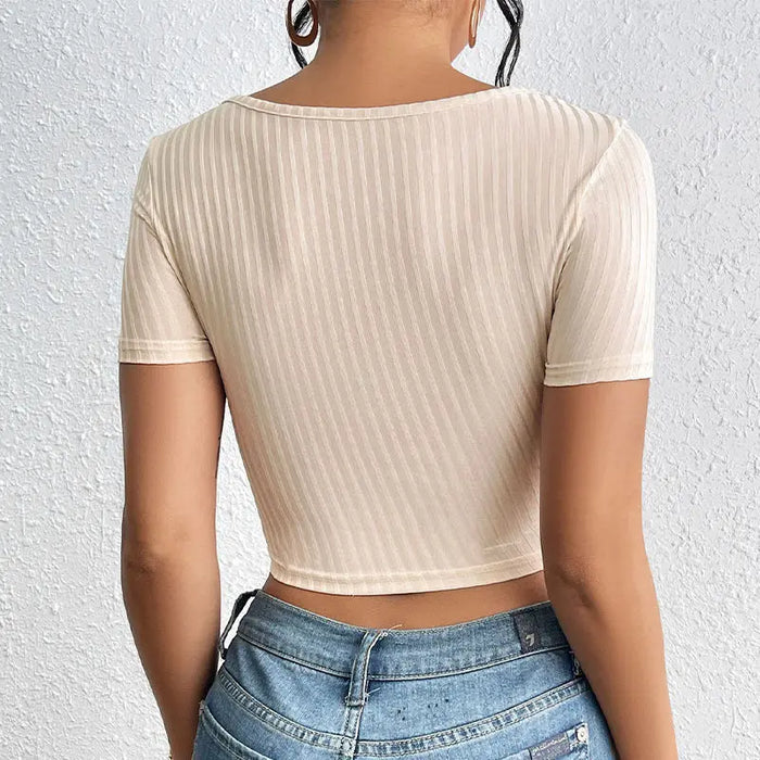 Stripe Rib Lace-up Square Collar Top fashionnsio