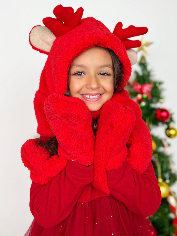 Girls Red Nosed Reindeer Hooded Pocket Scarf Mia Belle Girls