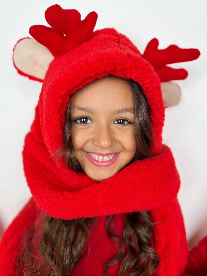 Girls Red Nosed Reindeer Hooded Pocket Scarf Mia Belle Girls