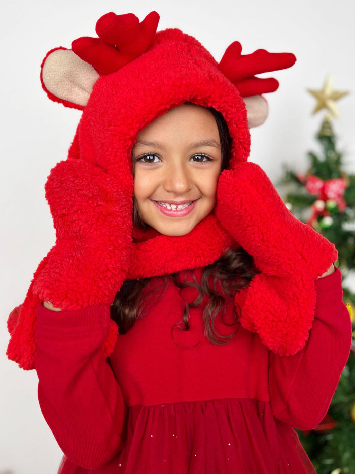 Girls Red Nosed Reindeer Hooded Pocket Scarf Mia Belle Girls