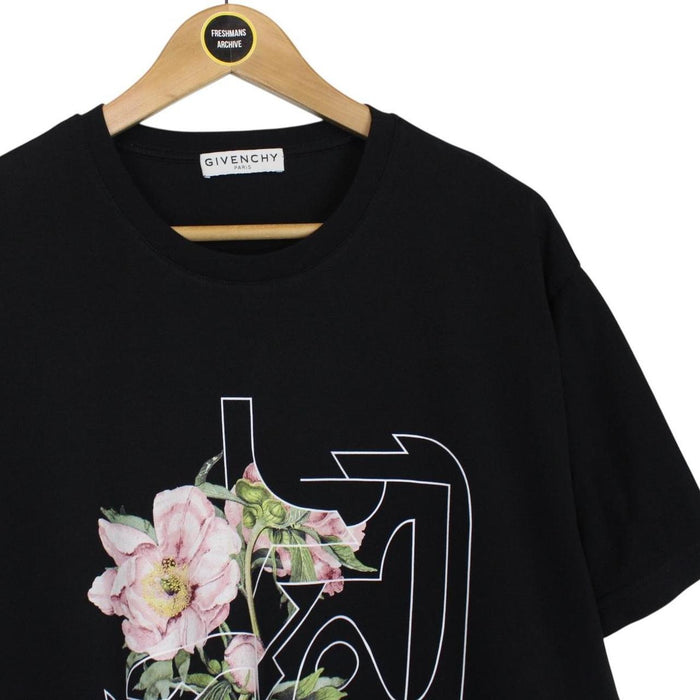 Givenchy Paris Black and Multicoloured Floral Print Short Sleeve Cotton T-Shirt