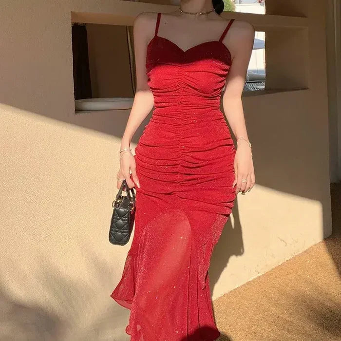 Glitter Pleated Bodycon Mermaid Dress fashionnsio
