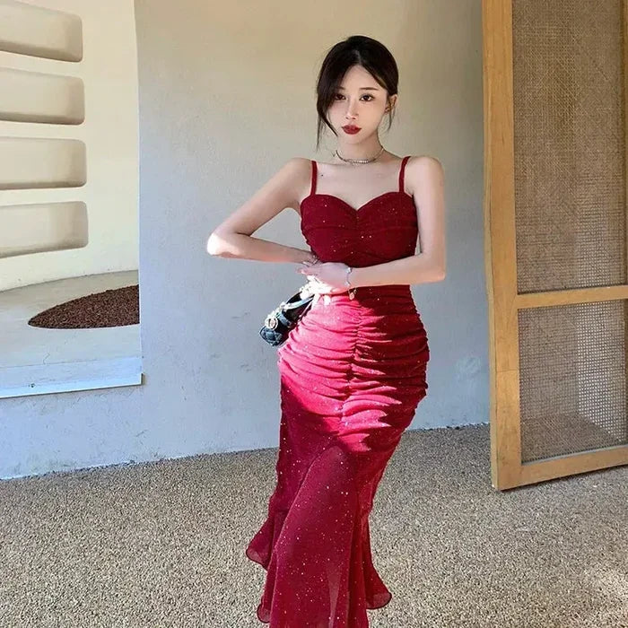 Glitter Pleated Bodycon Mermaid Dress fashionnsio
