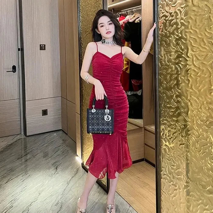 Glitter Pleated Bodycon Mermaid Dress fashionnsio