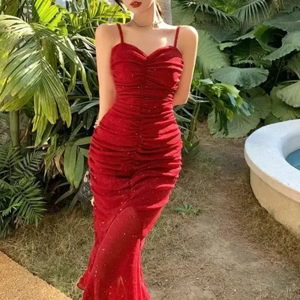 Glitter Pleated Bodycon Mermaid Dress fashionnsio