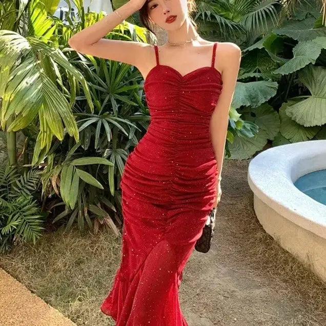 Glitter Pleated Bodycon Mermaid Dress fashionnsio