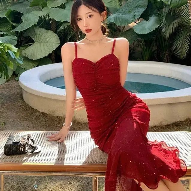 Glitter Pleated Bodycon Mermaid Dress fashionnsio