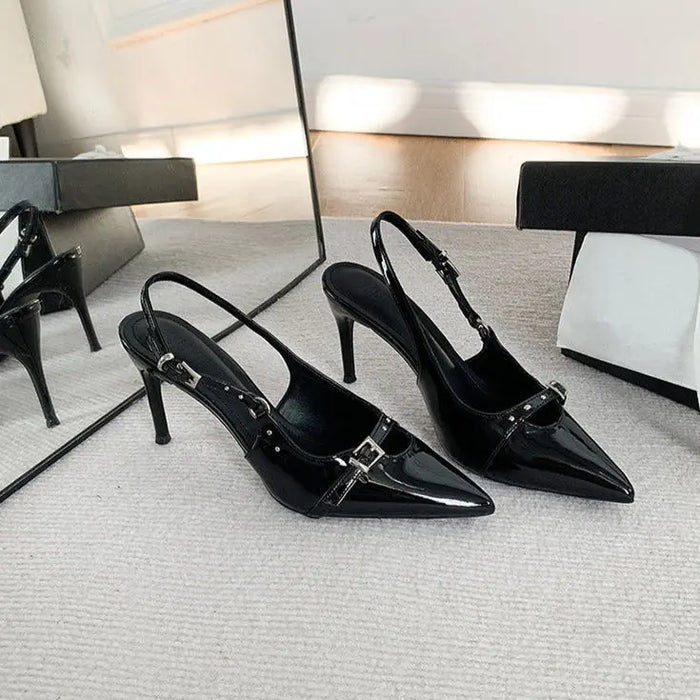Metallic Belt Buckle Pointed Heels fashionnsio