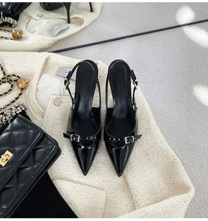 Metallic Belt Buckle Pointed Heels fashionnsio