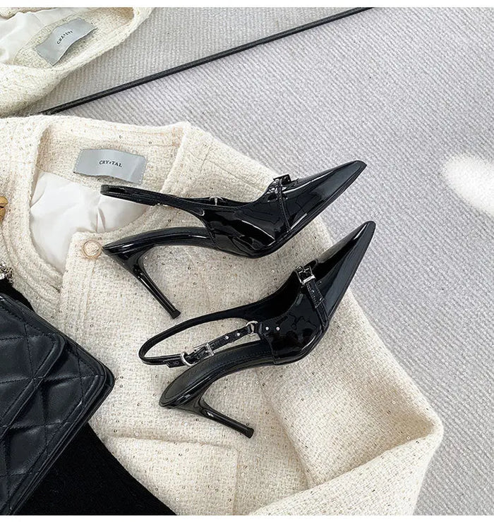 Metallic Belt Buckle Pointed Heels fashionnsio