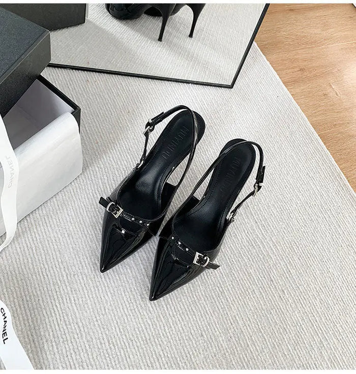 Metallic Belt Buckle Pointed Heels fashionnsio
