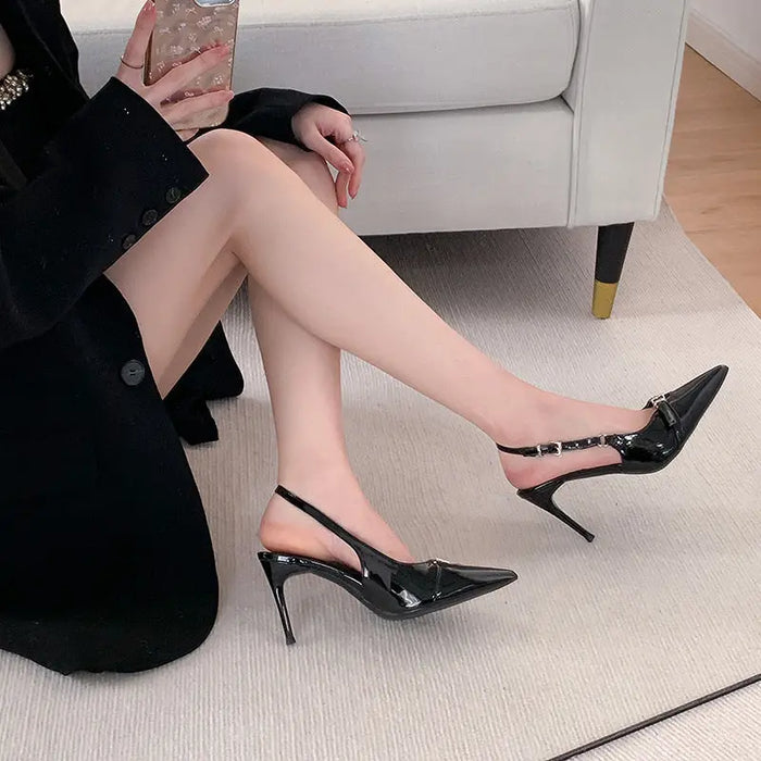 Metallic Belt Buckle Pointed Heels fashionnsio