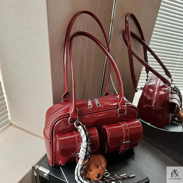Glossy Multi Pocket Buckle Shoulder Bags - Fashionnsio