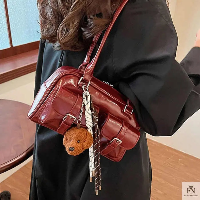 Glossy Multi Pocket Buckle Shoulder Bags - Fashionnsio