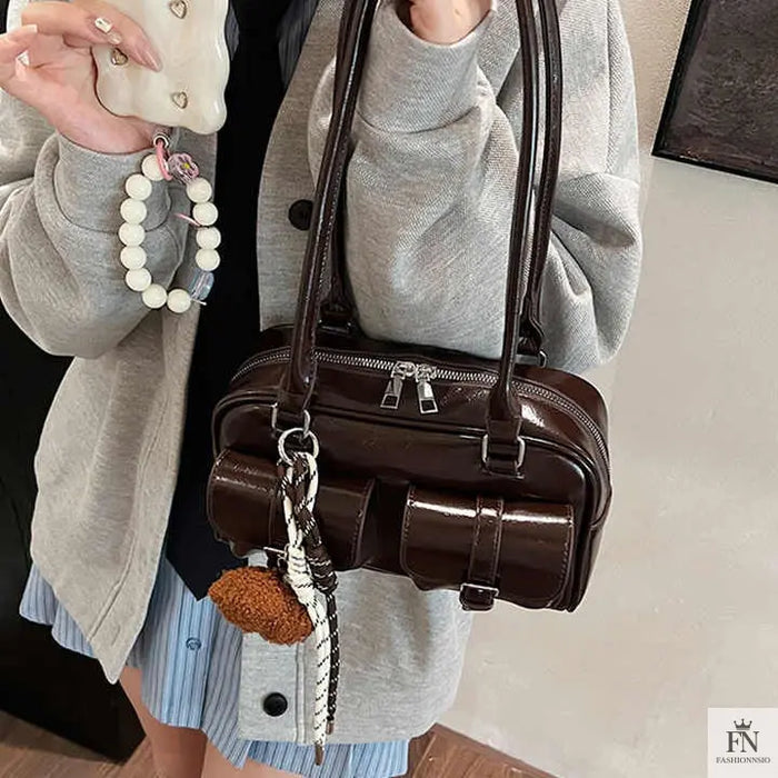 Glossy Multi Pocket Buckle Shoulder Bags - Fashionnsio