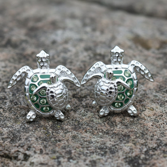 Green Mother & Baby Turtle Earrings With Swarovski® Crystals