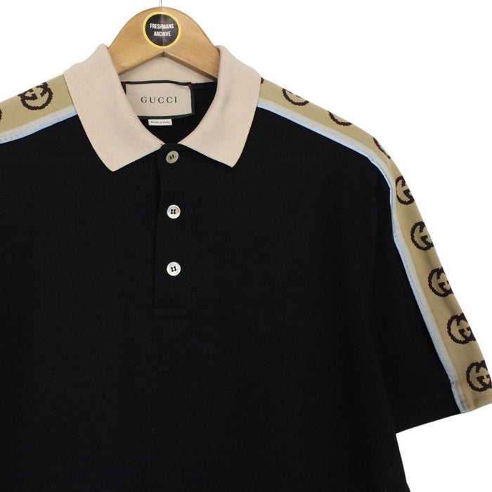 Gucci Black and Beige Interlocking G Stripe Short Sleeve Polo Shirt