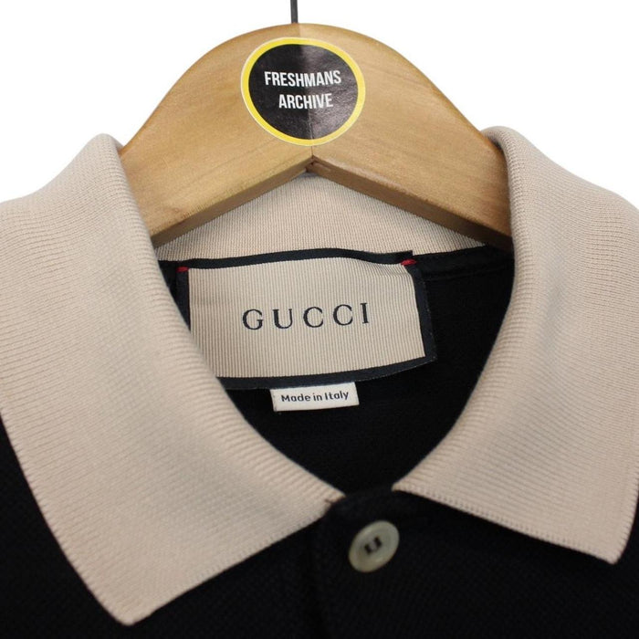 Gucci Black and Beige Interlocking G Stripe Short Sleeve Polo Shirt