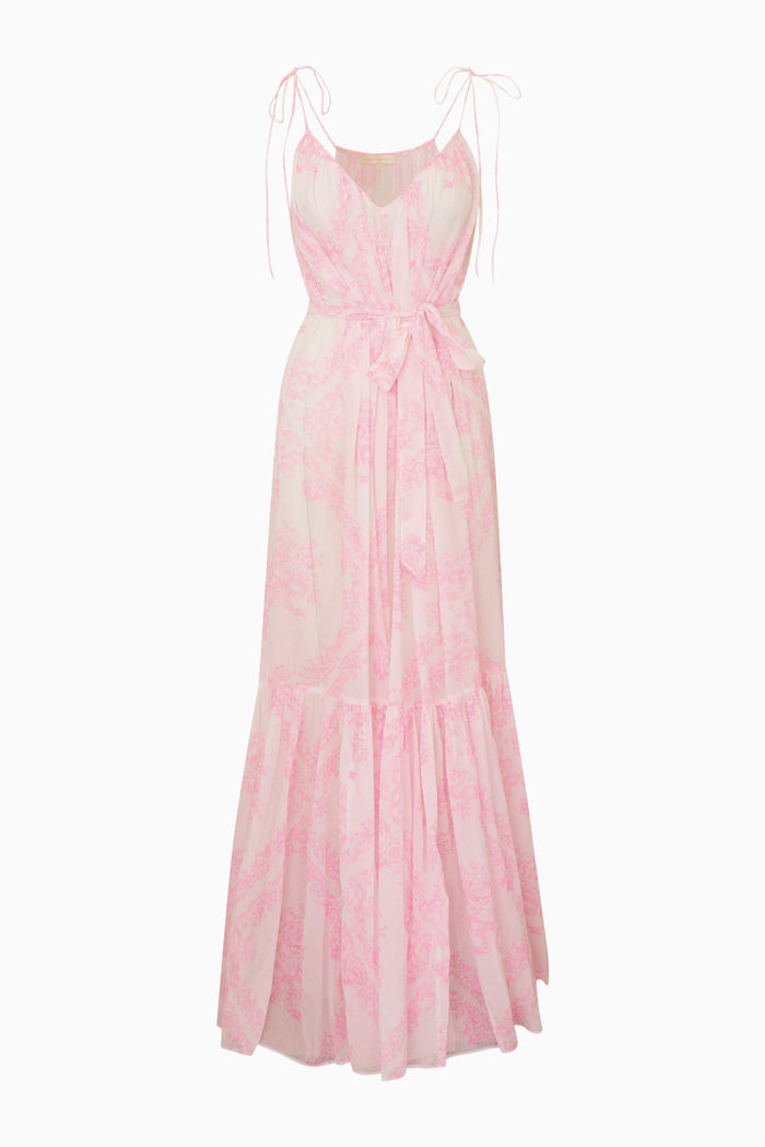 Pink and white floral dress on a white background