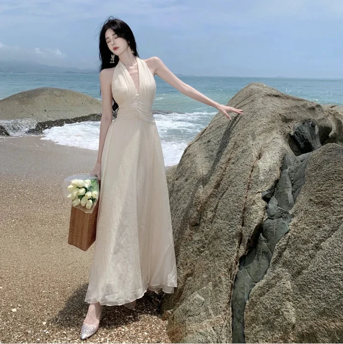 Halter Cinched Waist Maxi Dress - Fashionnsio
