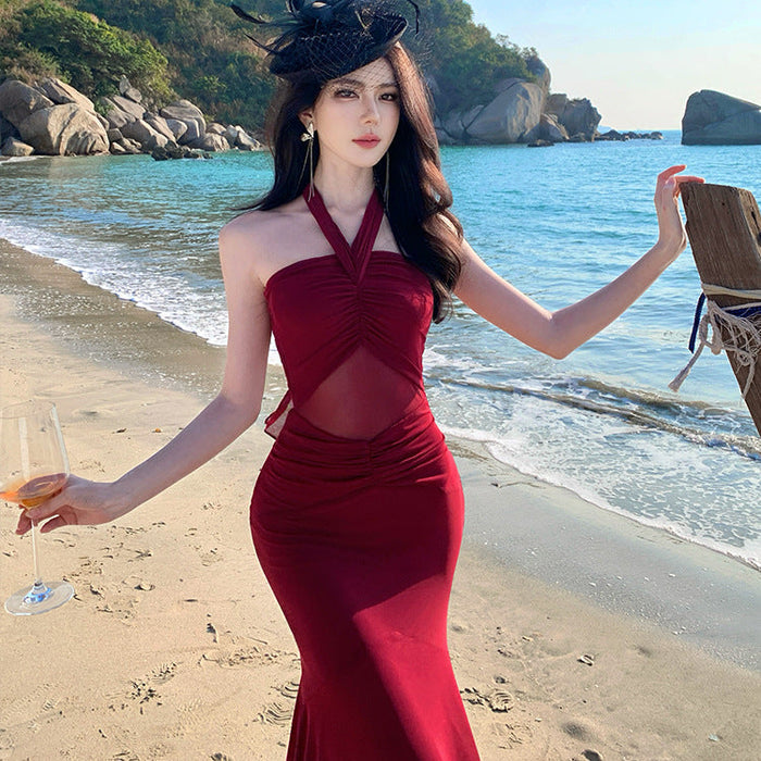Halter Flared Maxi Dress - Fashionnsio