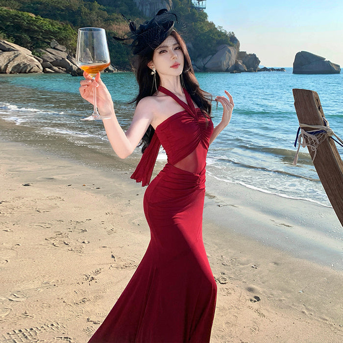 Halter Flared Maxi Dress - Fashionnsio