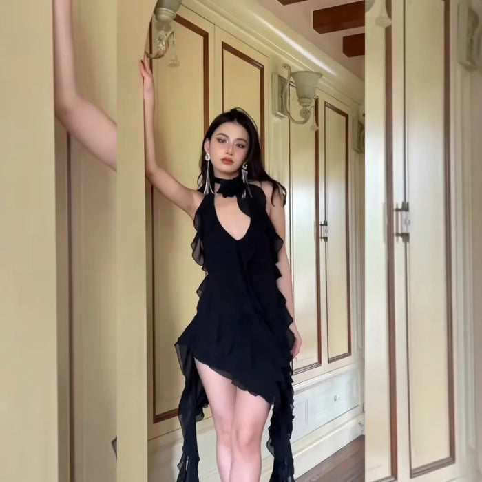 Halter Irregular Ruffles Dress fashionnsio