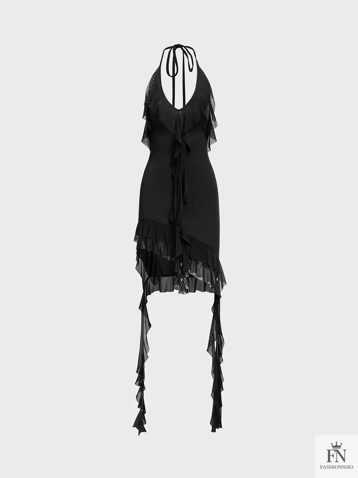 Halter Irregular Ruffles Dress fashionnsio