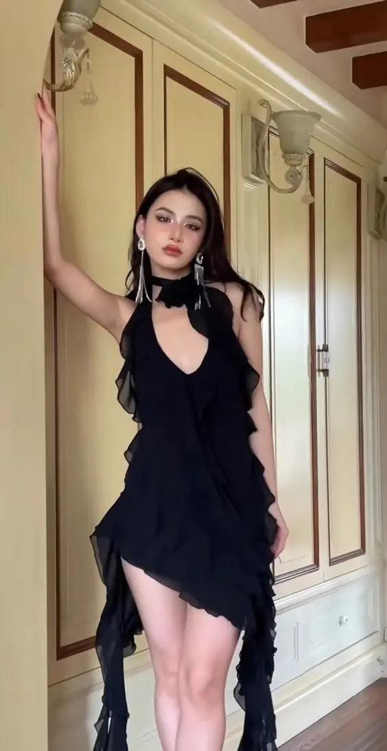 Halter Irregular Ruffles Dress fashionnsio