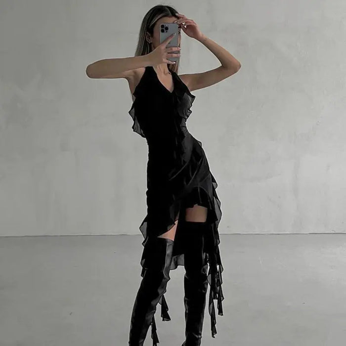 Halter Irregular Ruffles Dress fashionnsio