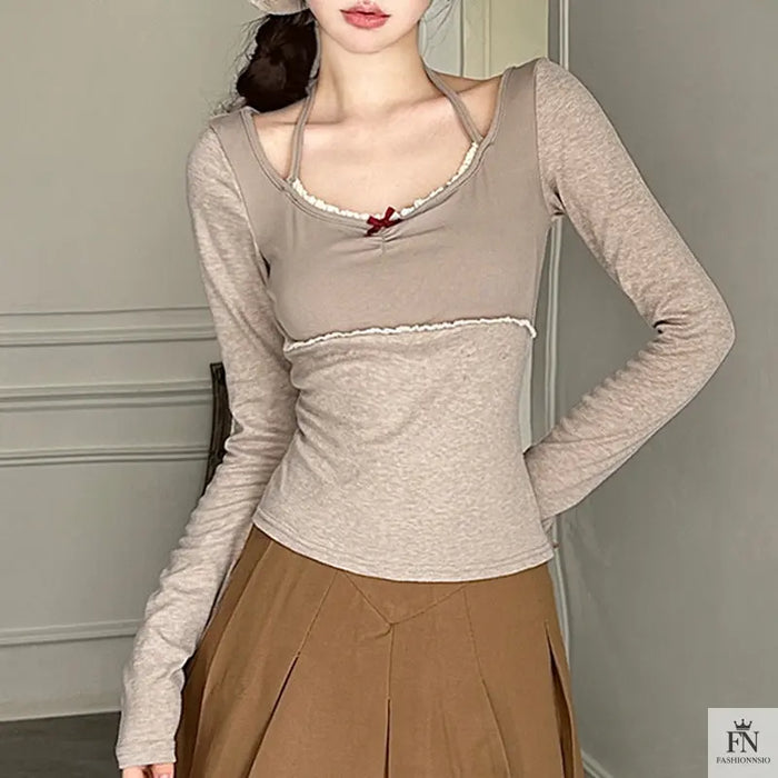 Halter Long Sleeve Bow Top - Fashionnsio