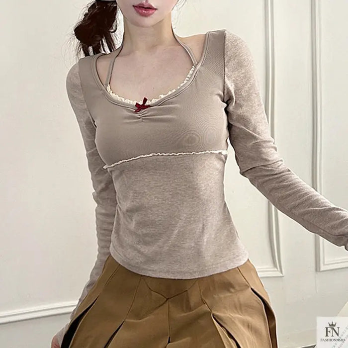 Halter Long Sleeve Bow Top - Fashionnsio