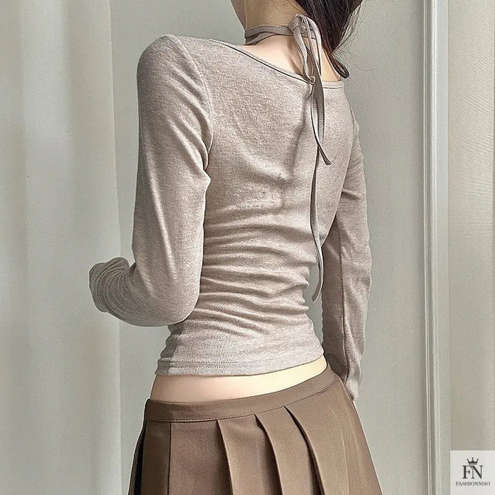 Halter Long Sleeve Bow Top - Fashionnsio