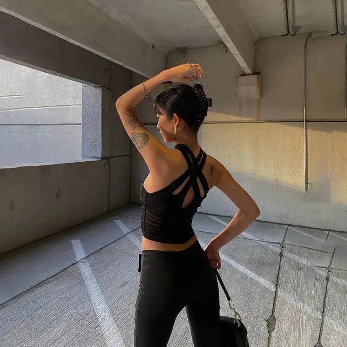 Halter Mesh Ruched Top fashionnsio