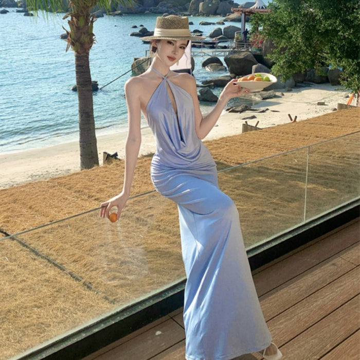 Halter Neck Backless Long Dress - Fashionnsio